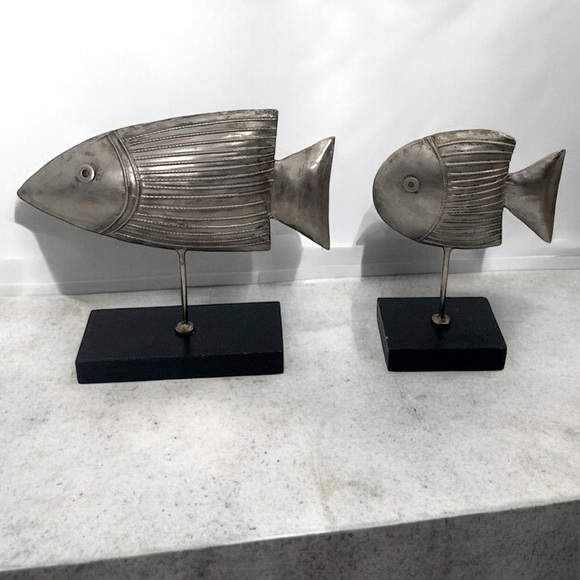 Metal Fish Wood Base Home Decor Set (2) - Picture 1 of 7
